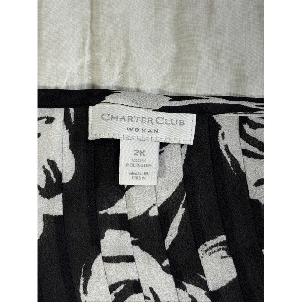 Charter Club Woman Black White Floral Pleated Tie Neck Blouse 2X Plus Size - Picture 3 of 10